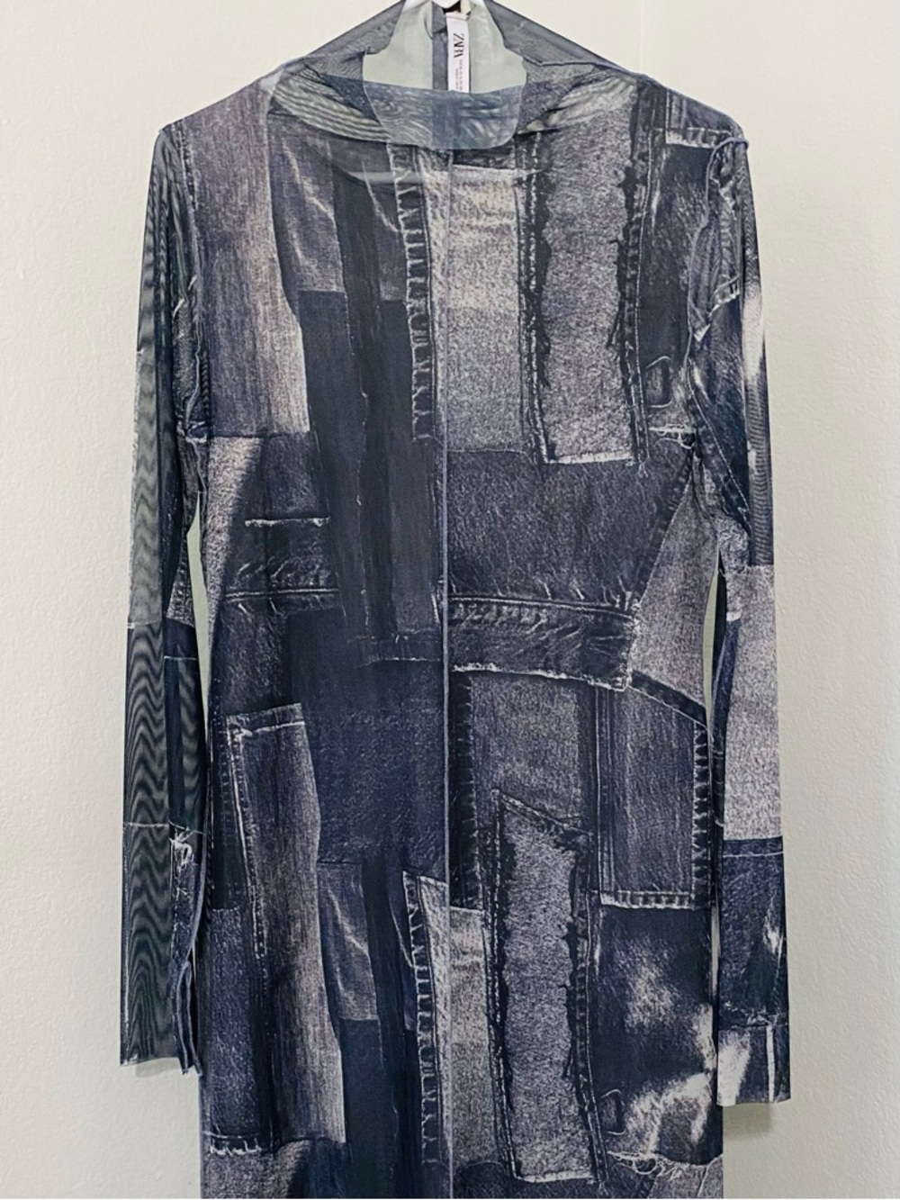 Zara Patchwork Tulle Mesh Sheer Midi Maxi Dress Gray Blue Denim Look Size XL - Picture 9 of 15